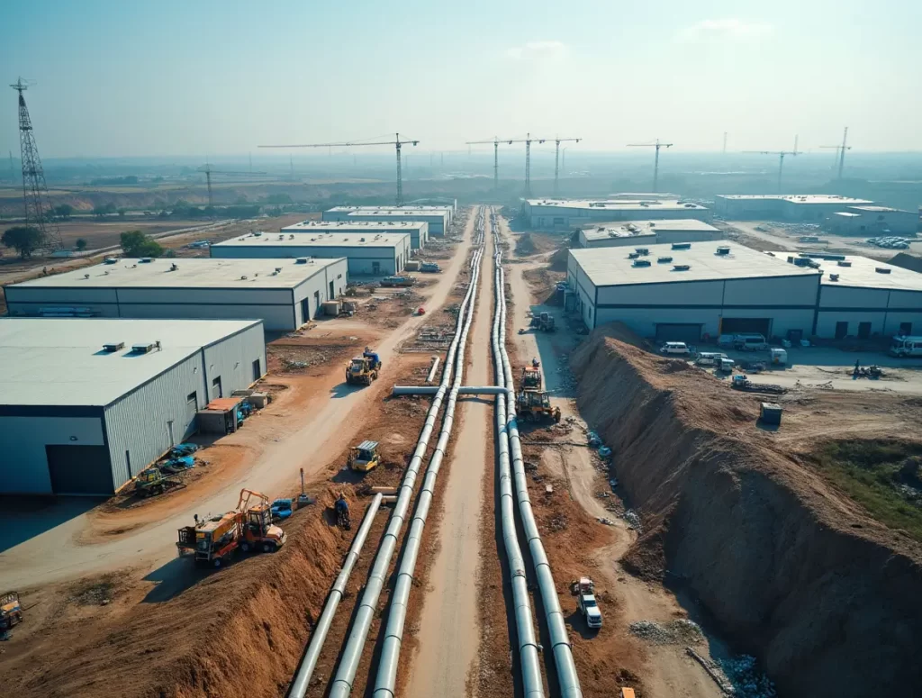 Eco-friendly uPVC pipes neatly stacked in a factory in Gujarat, showcasing innovative solutions for modern infrastructure." "A high-tech manufacturing facility in Gujarat producing durable uPVC pipes for construction, plumbing, and irrigation." "Construction site in Gujarat with workers installing uPVC pipes, demonstrating their efficiency and ease of handling.