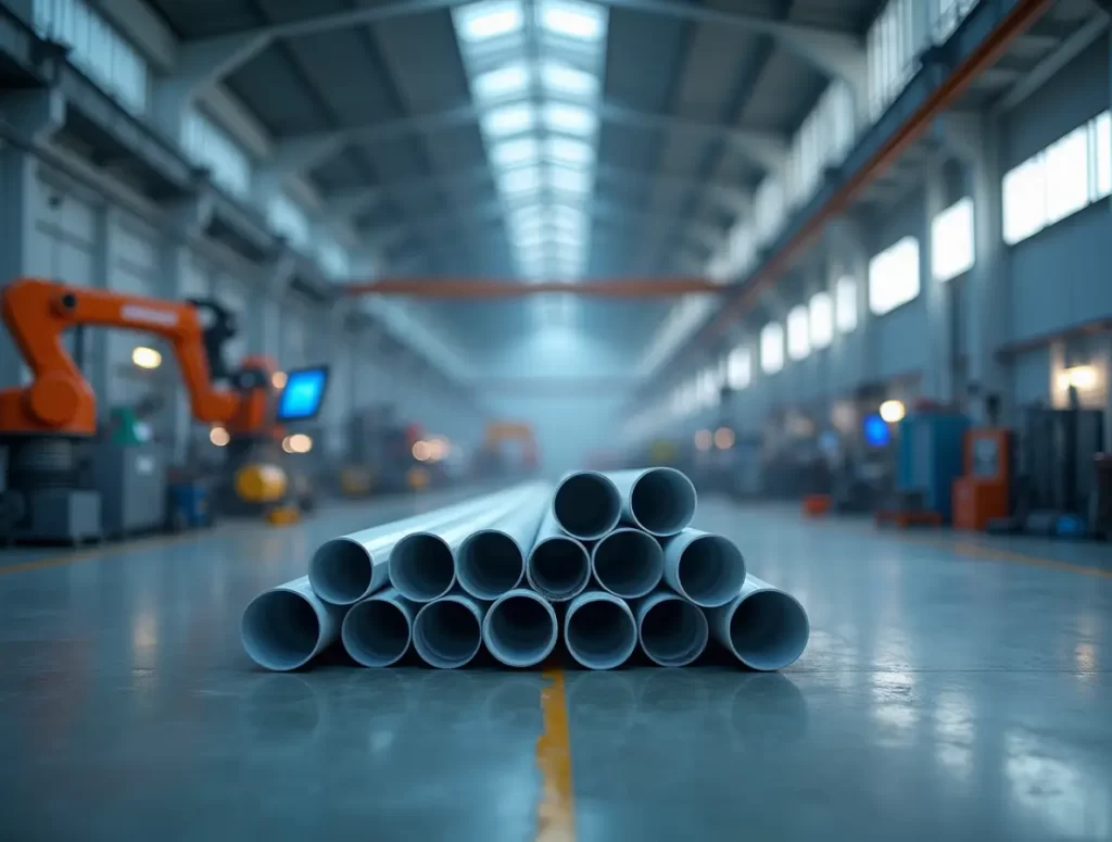 High-quality UPVC pipes stacked in a warehouse, showcasing durability and precision manufacturing.