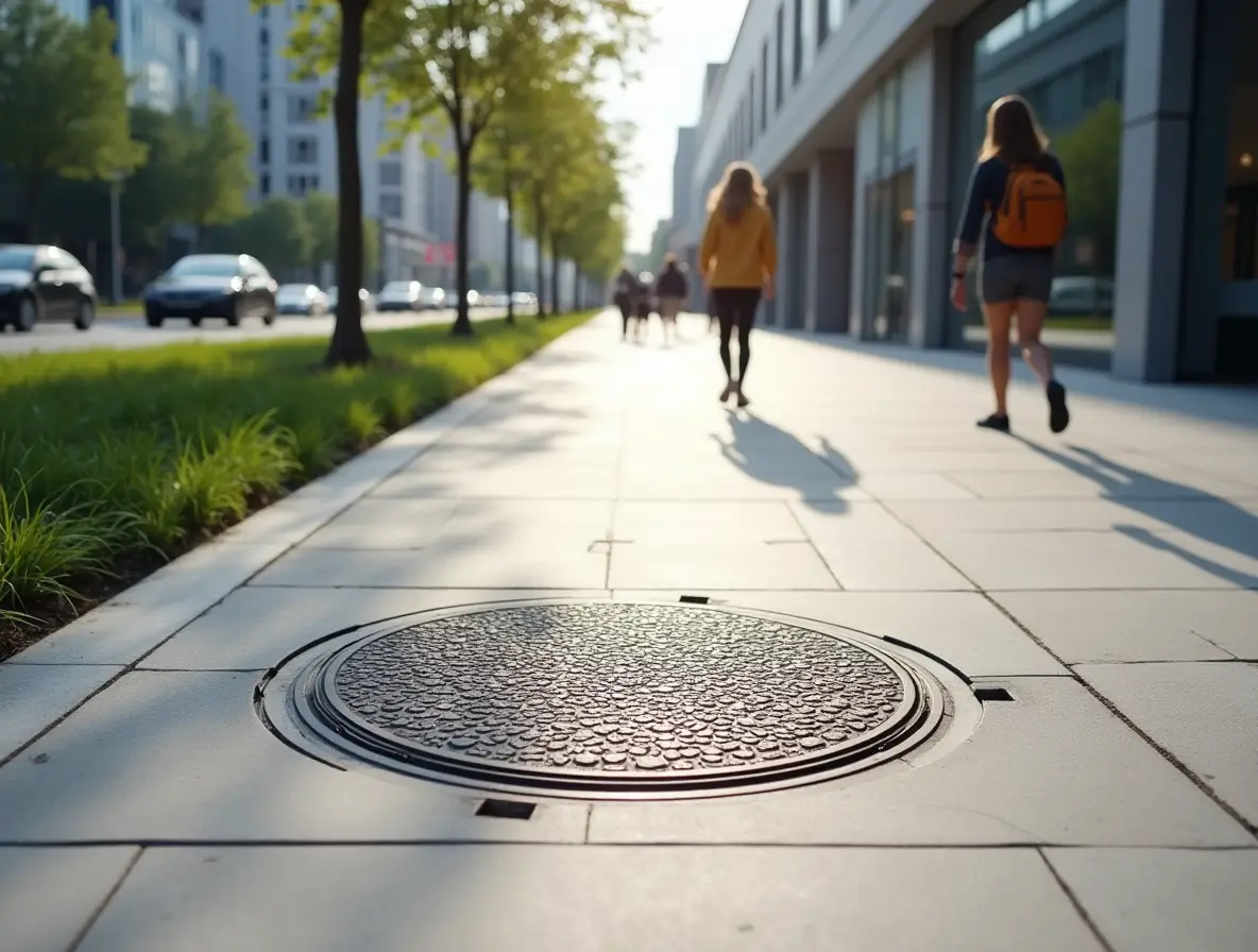 Durable and lightweight FRP manhole cover installed on a modern city street with clean surroundings