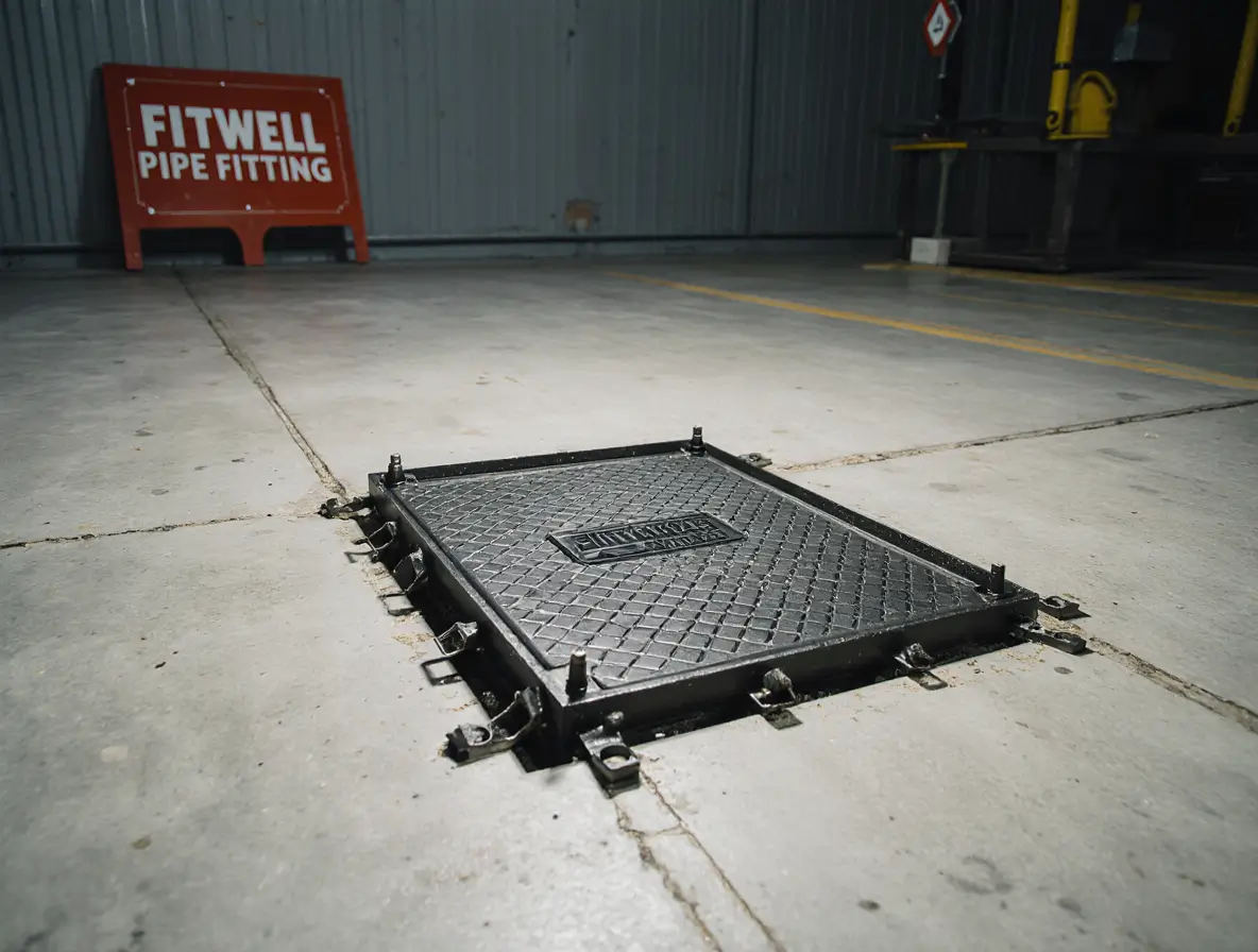 A selection of drainage chamber covers made from different materials placed at a construction site.