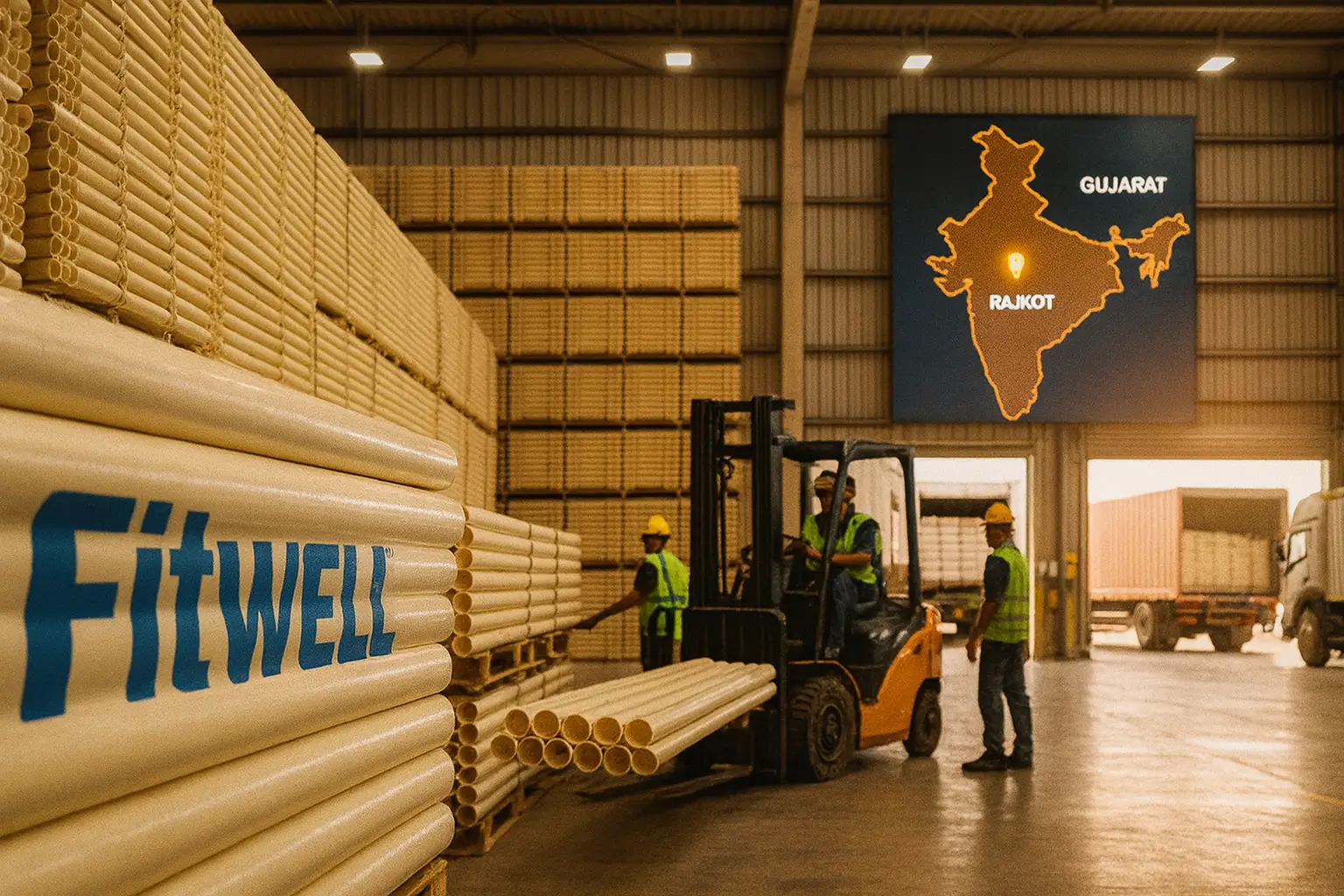 Hyper-realistic scene of CPVC pipes distribution warehouse in Gujarat with labeled stock for Rajkot and India markets
