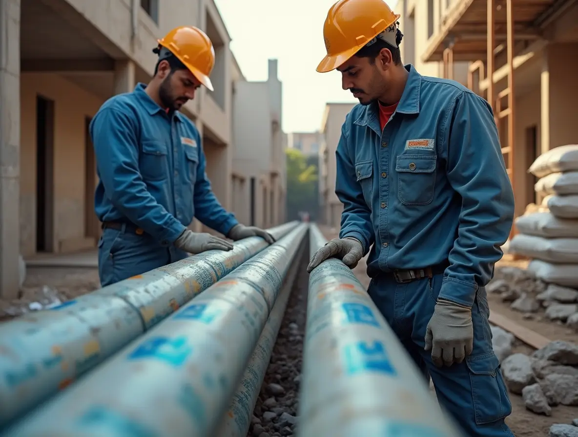 Realistic view of CPVC pipes manufacturing facility in Rajkot, Gujarat, showing production lines, workers, and finished piping products.